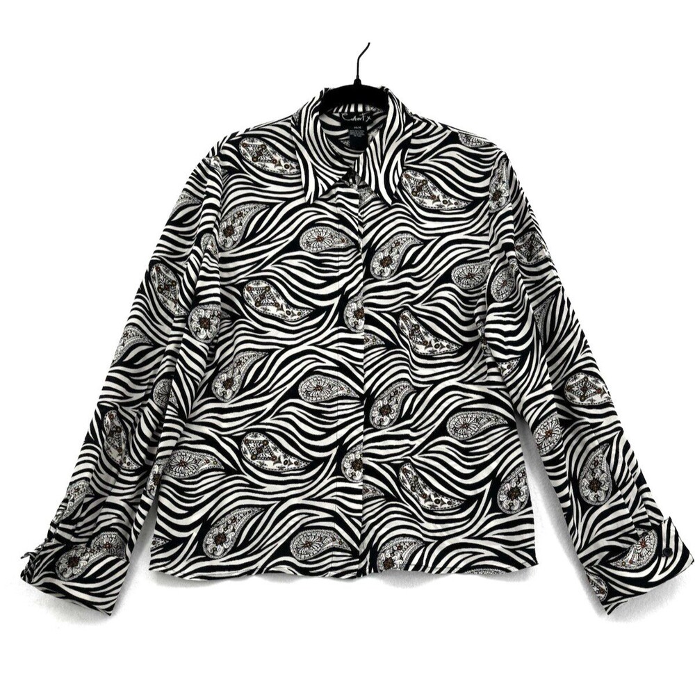 VTG Color FX 100% Silk Blouse Black White Zebra Paisley M Retro Career Chic Top